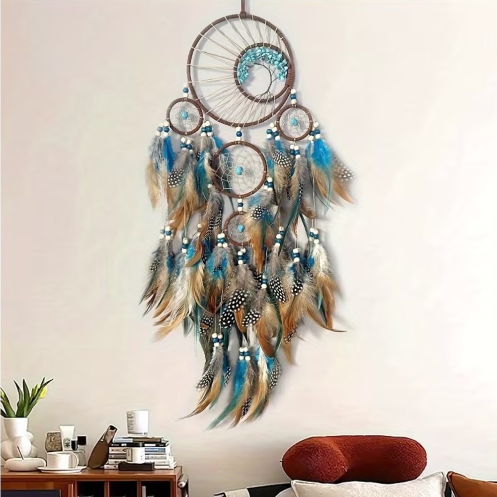Large Boho Dreamcatcher Wall Hanging - Turquoise & Feather Decor - Picture 5 of 9